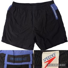 Vtg 80's Speedo Men's Black Blue Swim Trunks SPELLOUT Logo SURF Board Shorts XL