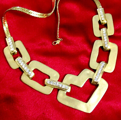 VTG RUNWAY GEOMETRIC SATIN GILT PAVE RHINESTONE MODERNIST/DECO NECKLACE CHIC