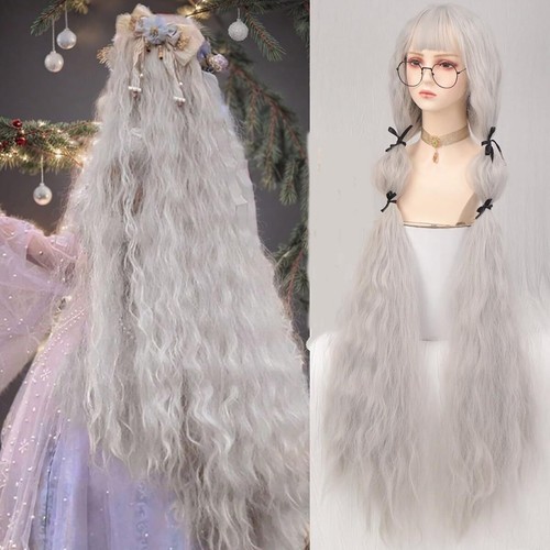44 Inch Extra Long Curly Cosplay Wig,silver gray Synthetic Hair Wig for ...
