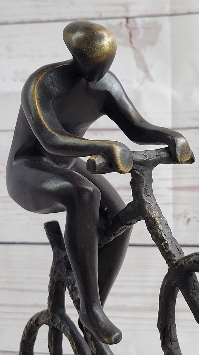 Ancien Trophée Cycliste – Sculpture Vélo Coureur, Bronze Patiné Sur Socle Marbre, Régule D'Époque