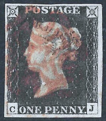 GB SG2 1840 Penny Black Plate 2, CJ, 4 Large Margins, Used - Red Maltese Cross - Afbeelding 1 van 2