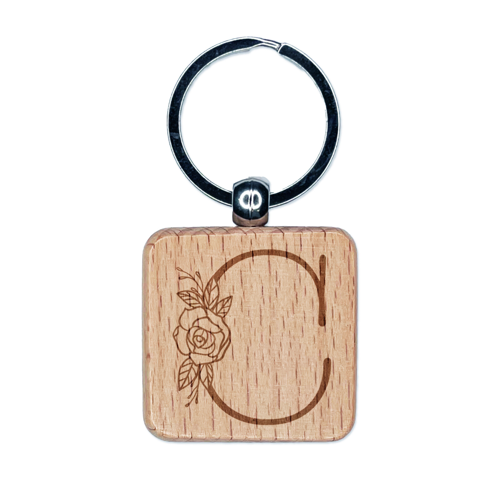 Rose Typewriter Font Wood Keychain with Engraved Capital Letter C