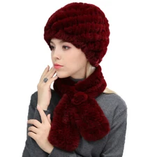 Winter Fur Hat and Scarf Sets Women Real Rex Rabbit Beanies Cap Warm Fluffy Soft