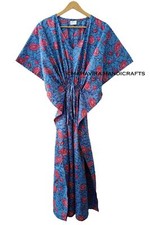 Indian Cotton Loose Short Sleeve Floral Print Blue Free Size gypsy Caftan Dress