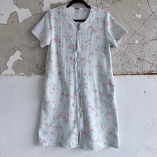 Vtg Miss Elaine Housecoat Blue Pink Floral Nightgown Zip Front Pockets Womens M