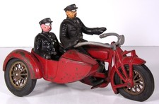 c1930 LARGE SIZE CAST IRON INDIAN POLICE MOTORCYCLE & SIDECAR 9 INCHES By HUBLEY