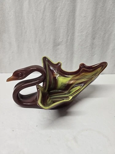 Vintage  Hand Blown Glass Swirl Art Swan Candy Bowl Murano Style, Green Brown