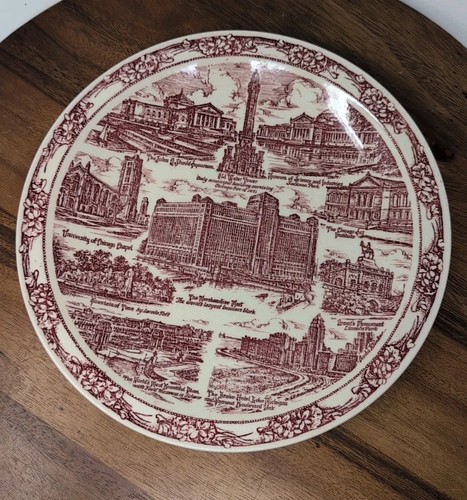Vtg 10 3/8" Chicago Souvenir Plate-Vernon Kilns-White & Burgundy-Historic Dates