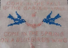 Vintage Embroidered Sampler "On Bluebirds Wings" Linen Panel to Frame 8x11
