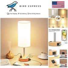 Dimmable touch bedside lamp with USB-C port, outlet, wood base, fabric shade