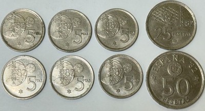 Lot of Eight (8) 1980 Spain '82 World Cup Pesetas Coins - 5, 25, 50 Ptas