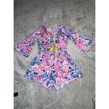 Lilly Pulitzer Donna Romper Bell Sleeve Tassel Pink Blue Floral Print XXS