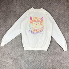 Vintage Sweatshirt Womens Large White Neon Cat Grandma 80s Crewneck Retro