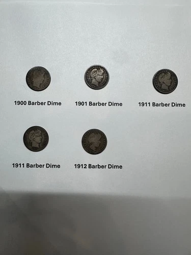 5 Coins. Barber Silver Dimes 1900. 1901, (2) 1911, and 1912. 90% silver