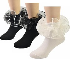 Girls Ruffle Lace Frilly Rhinestones Dress Socks Cute Church Pageant 7-11 yr NWT