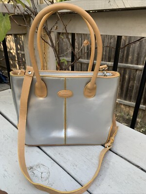 Tod's Silver Beige Handbag Tote Crossbody Bag Saffiano 11 x9  w/ Strap Vintage