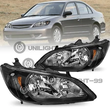 For 2004-2005 Honda Civic 2/4Dr Black Amber Headlights Headlamps Assembly Pair