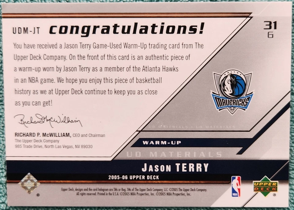 Jason Terry Dallas Mavericks 2005 UD Materials Game Worn Warm-Up Card - Image 2 of 2