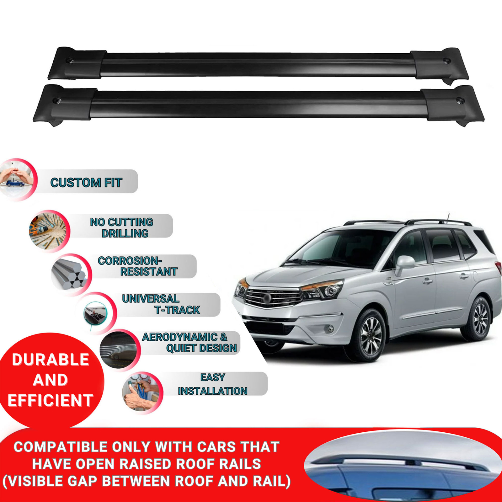 Roof Racks Cross Bars For Ssangyong Rodius 2 2013-2018 2 Pcs Black