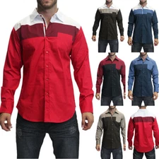 Men's Fashion Color Block Accent Casual Dress Long Sleeve Shirt Top  CBS13&CBS15