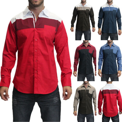 Men's Fashion Color Block Accent Casual Dress Long Sleeve Shirt Top  CBS13&CBS15