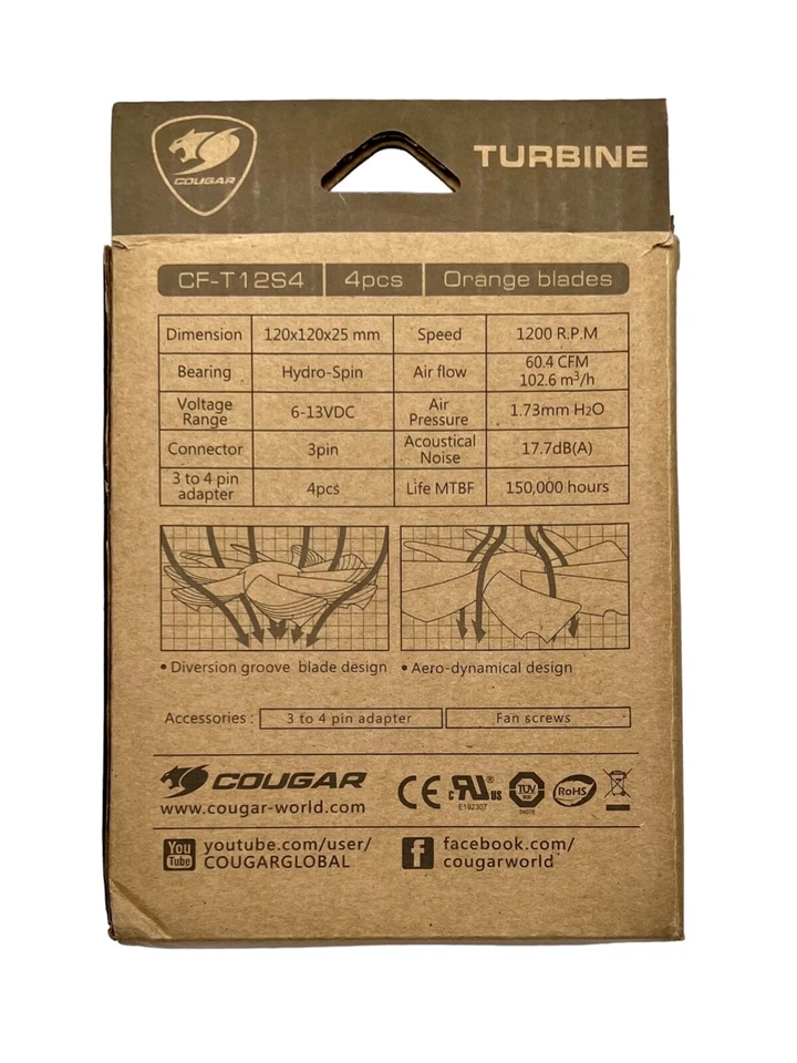 NEW Cougar Turbine CF-T12S4 Case Fan 1200rpm 3 Pin 120MM (4 pcs) - Image 3 of 4
