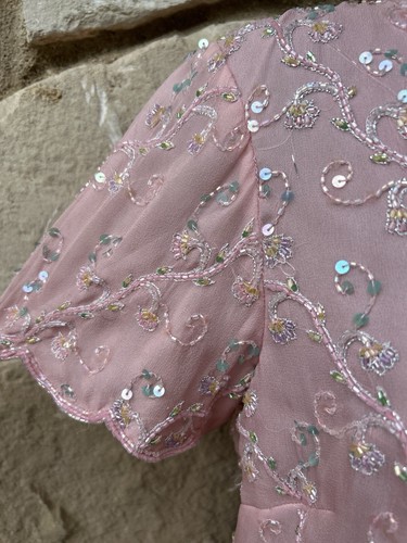 Vintage Marina Bresler Top XS S Pink Beaded Silk? Short Sleeves Party Evening - Picture 5 of 11