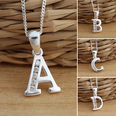 Massiv 925 Sterlingsilber CZ Buchstabe Initiale A-Z Anhänger Charm Halskette Schmuck