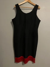 Vintage Womens Sheath Dress XL Black Red Fringe Hem Sleeveless Flapper Gatsby