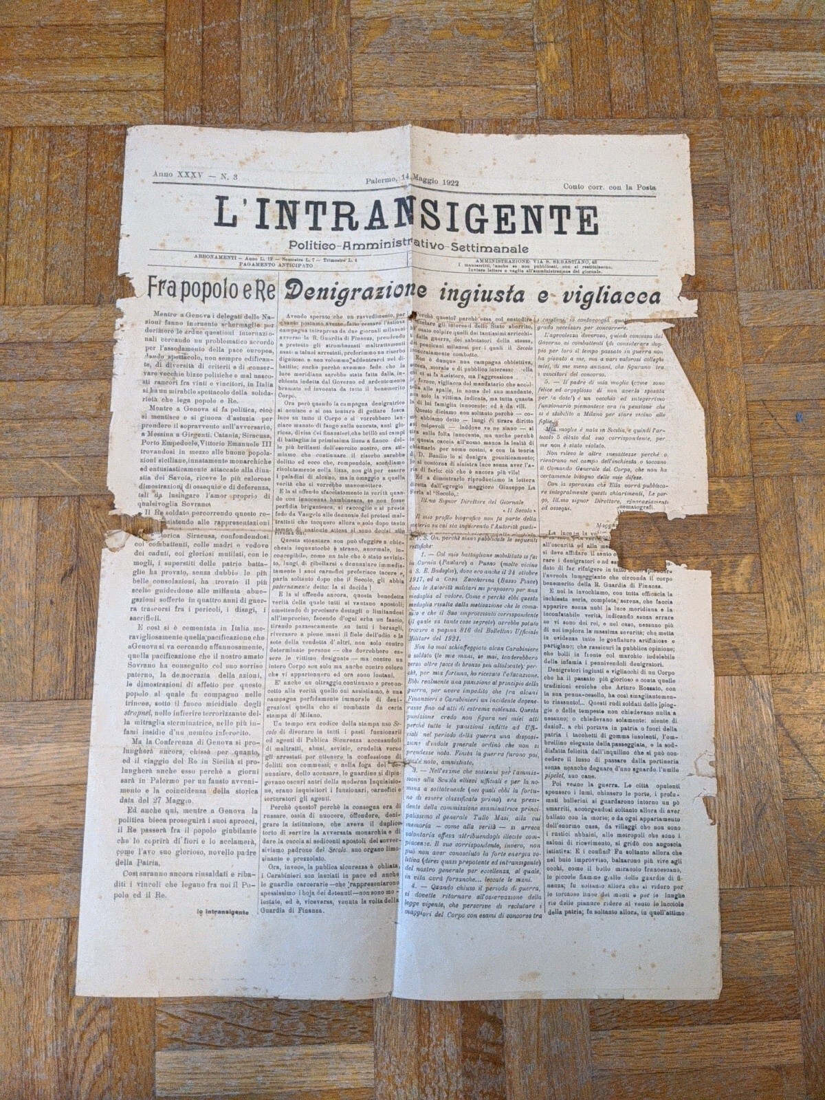 RARISSIMO 14 maggio 1922 L'intransigente - settimanale politico amministrativo