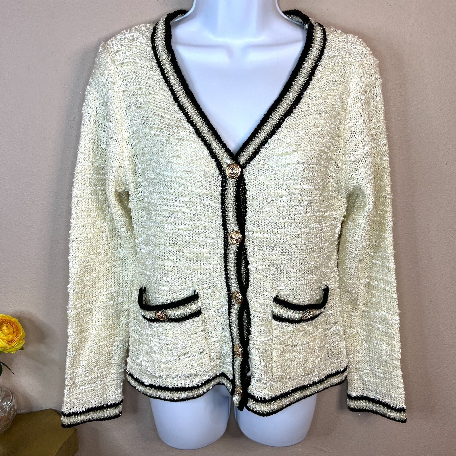S NWT Sioni White \u0026 Black Cardigan 