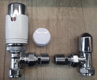 Angled TRV & Lockshield Radiator Valve Set In White & Chrome 15mm - Foto 4