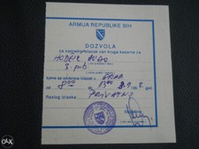Armija BiH Permission to leave the Barracks Bosnian War Year 1992.