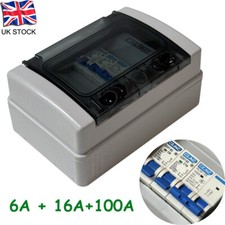 CONSUMER UNIT 6A+16A MCB 100A ISOLATOR 4WAY WEATHERPROOF GARAGE SHED CARAVAN HOT