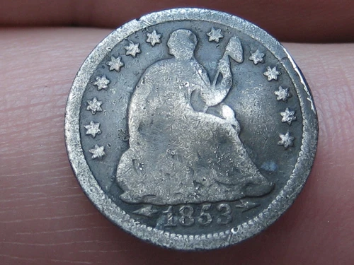 1853 P Seated Liberty Half Dime- Philadelphia, With Arrows, Good/VG Details