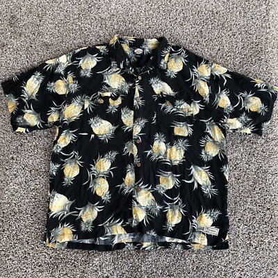 Vintage Tommy Bahama Pineapple Hawaiian Shirt Mens 2XL Loop Collar Black Yellow