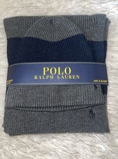 Polo Ralph Lauren Hat  Scarf Set Gray  Navy Blue, Embroidered Pony NEW