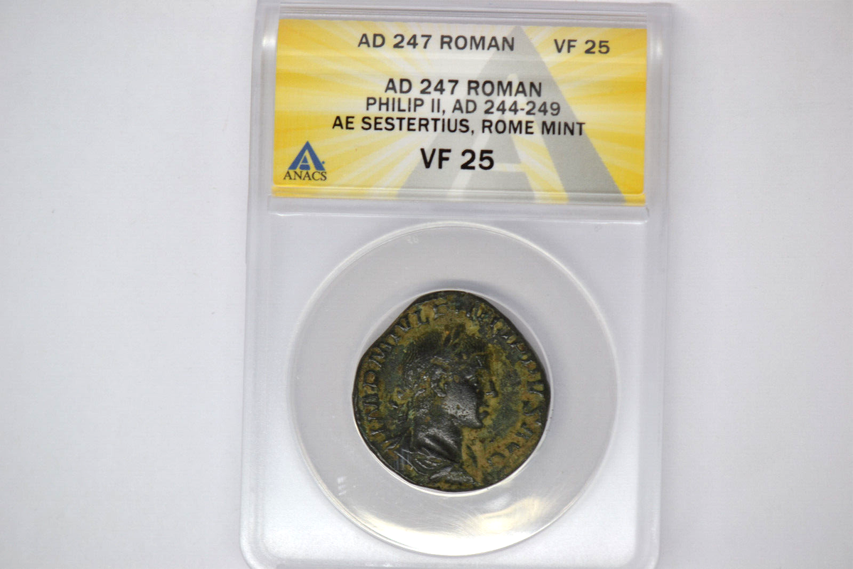 Philip II (AD 244-249). AE sestertius (27mm). ANACS VF-25. Lovely