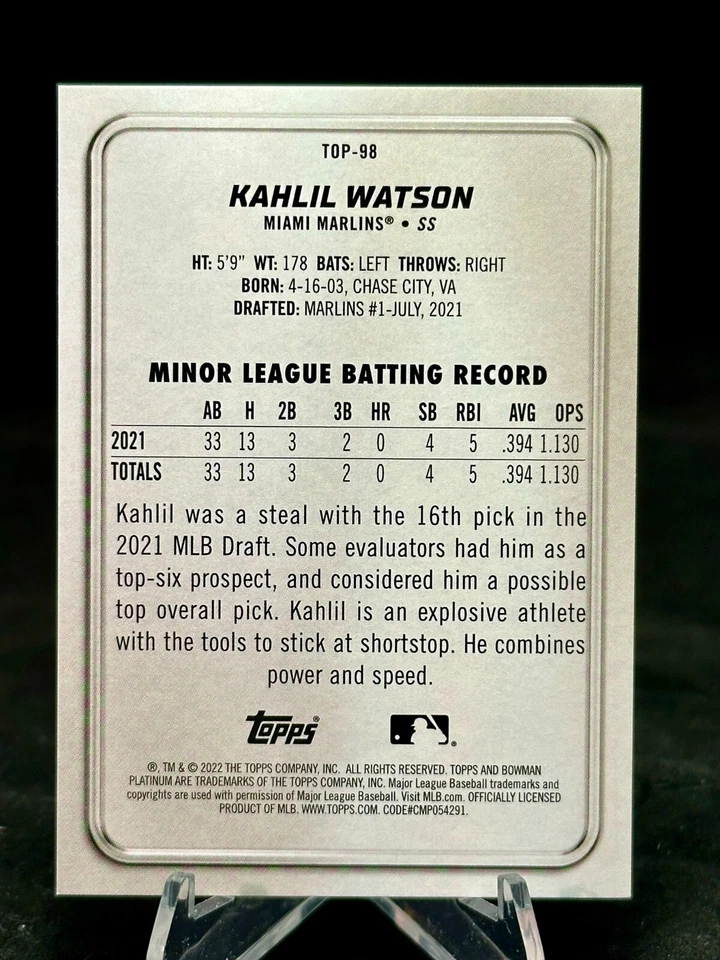 Kahlil Watson 2022 Bowman Platinum Aqua Ice #98 Marlins # /250 - Image 2 of 2