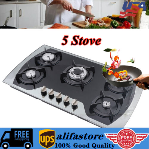 35.4" Gas Cooktop Stove Top 5 Burners Tempered Glass Built-In LPG/NG Gas Cooker