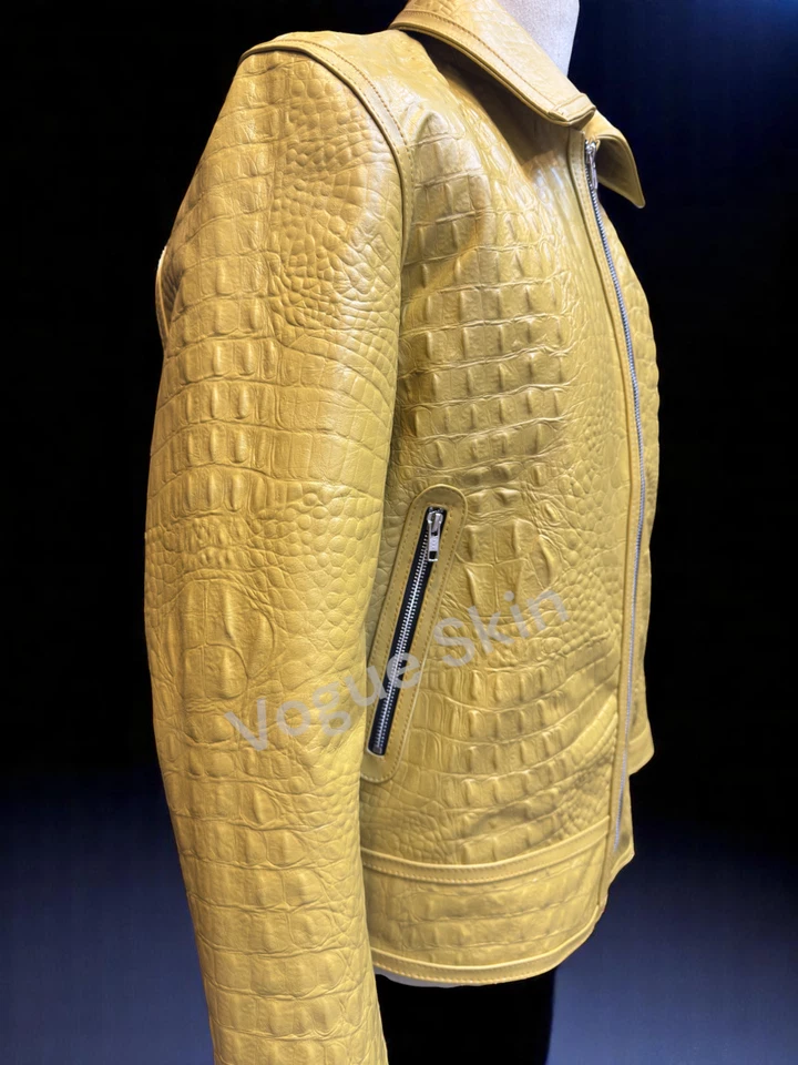 Men's Leather Jacket Yellow Alligator Embossed Pattern Crocodile Leather Jacket - Image 2 of 4