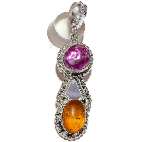 Awesome Poland Honey Amber, Biwa Pearl Gemstone Silver Overlay Handmade Pendant - Picture 2 of 3