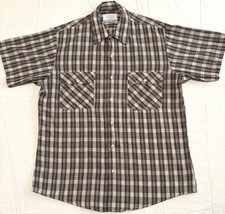 Vtg SEARS Fieldmaster Perma-Prest Flannel Plaid Mens L Sslv Brown USA Pockets A 