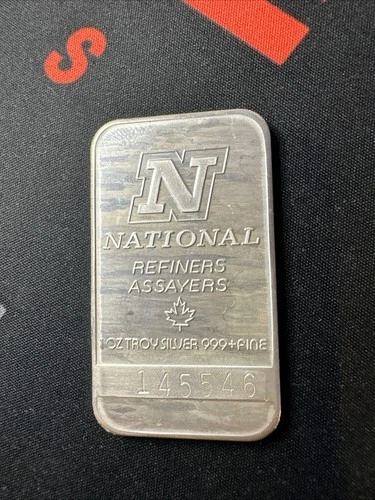 Vintage 1 Troy Oz .999 Fine Silver Bar National Refiners Ounce Rare (C)
