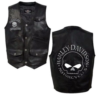 Harley-Davidson Men's Reflective Skull Biker Vest Real Cowhide Motorcycle Vest