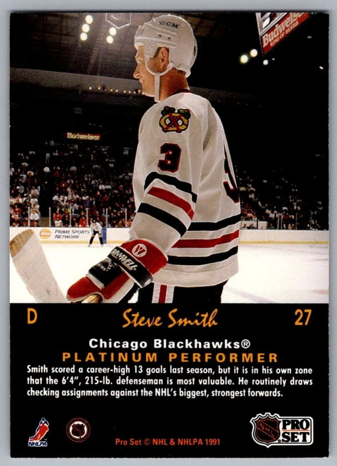 1991-92 Pro Set Platinum Steve Smith Chicago Blackhawks #27 - Image 2 of 2
