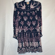 Farm Rio Dark Blue Purple Ainika Martina Long Sleeve Midi Dress Medium Womens