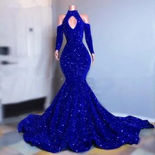 Elegant Royal Blue Sparkly sequins Prom Dress Long Sleeves Mermaid Evening Gowns
