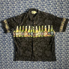 90s Men Vintage Hawaiian Button Shirt Short Sleeve Beer Floral Gray Black Sz XL