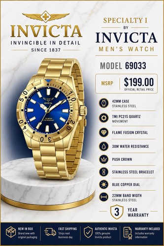Invicta Specialty I Men's 42mm Quartz Gold Steel Bracelet Blue Dial 30m w/ Box